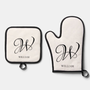 Initiaal gepersonaliseerd elegant wit monogram ovenwant & pannenlap set