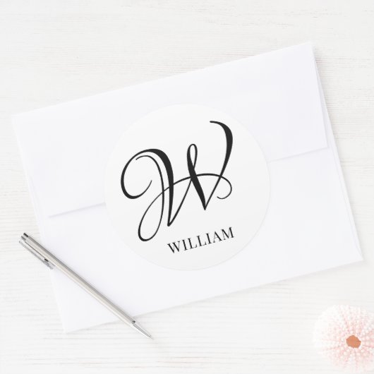 Initiaal gepersonaliseerd elegant wit monogram ronde sticker (Envelop)