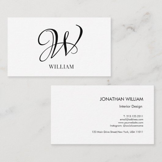 Initiaal gepersonaliseerd elegant wit monogram visitekaartje (Voorkant / Achterkant)
