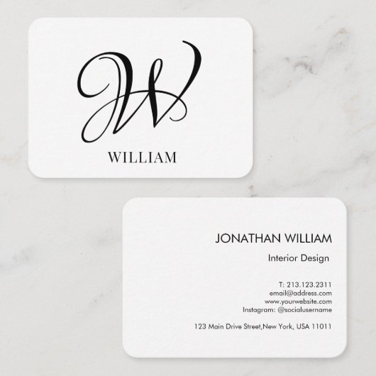Initiaal gepersonaliseerd elegant wit monogram visitekaartje (Voorkant / Achterkant)