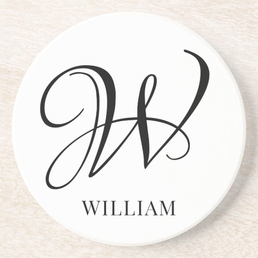 Initiaal gepersonaliseerd elegant wit monogram zandsteen onderzetter (Voorkant)