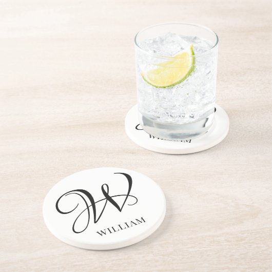 Initiaal gepersonaliseerd elegant wit monogram zandsteen onderzetter (Zijkant)