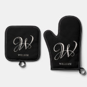 Initiaal gepersonaliseerd Elegant Zwart Monogram Ovenwant & Pannenlap Set (Voorkant)