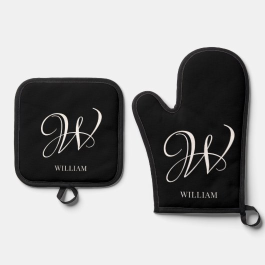 Initiaal gepersonaliseerd Elegant Zwart Monogram Ovenwant & Pannenlap Set (Voorkant)