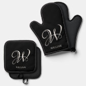 Initiaal gepersonaliseerd Elegant Zwart Monogram Ovenwant & Pannenlap Set (Voorkant / Achterkant)
