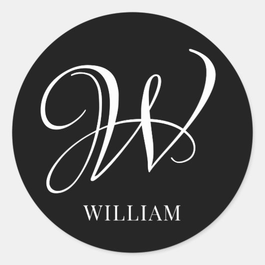 Initiaal gepersonaliseerd Elegant Zwart Monogram Ronde Sticker (Voorkant)