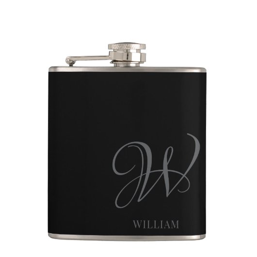 Initiaal Gepersonaliseerde Elegant Zwart Grijs Mon Heupfles (Voorkant)