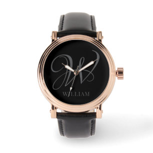 Initiaal Gepersonaliseerde Elegant Zwart Grijs Mon Horloge