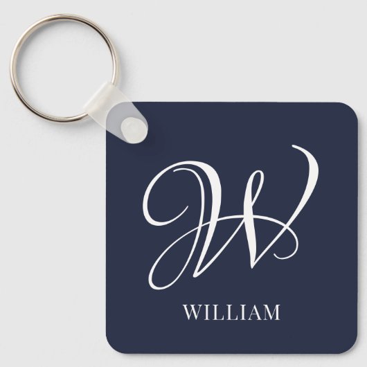 Initiaal Gepersonaliseerde Elegante Navy Blue Mono Sleutelhanger (Voorkant)