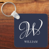 Initiaal Gepersonaliseerde Elegante Navy Blue Mono Sleutelhanger (Voorkant)