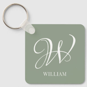 Initiaal Gepersonaliseerde Elegante Sage Groene Mo Sleutelhanger