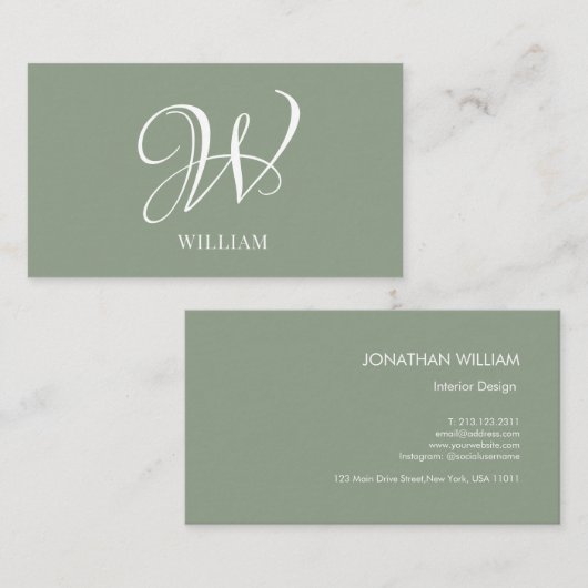 Initiaal Gepersonaliseerde Elegante Sage Groene Mo Visitekaartje (Voorkant / Achterkant)