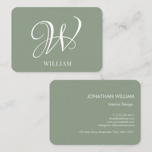 Initiaal Gepersonaliseerde Elegante Sage Groene Mo Visitekaartje (Voorkant / Achterkant)