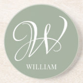 Initiaal Gepersonaliseerde Elegante Sage Groene Mo Zandsteen Onderzetter (Voorkant)