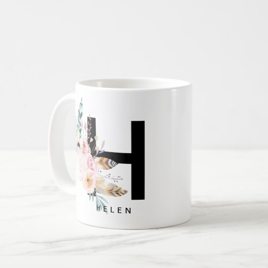 Initiaal "H" Alfabet Mok Monogram Boho Waterverf (Voorkant links)