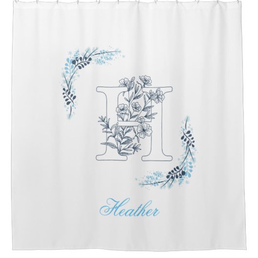 Initiaal "H" Blauw Monogram Kalm Bloemen Douchegordijn (Voorkant)
