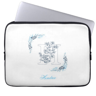 Initiaal "H" Blauw Monogram Kalm Bloemen Laptop Sleeve