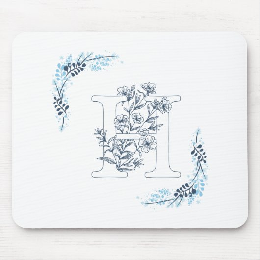 Initiaal "H" Blauw Monogram Kalm Bloemen Muismat (Voorkant)
