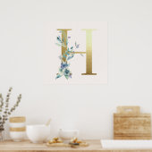 Initiaal H Golden en Blue Floral Monogram Poster (Keuken)