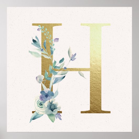 Initiaal H Golden en Blue Floral Monogram Poster (Voorkant)