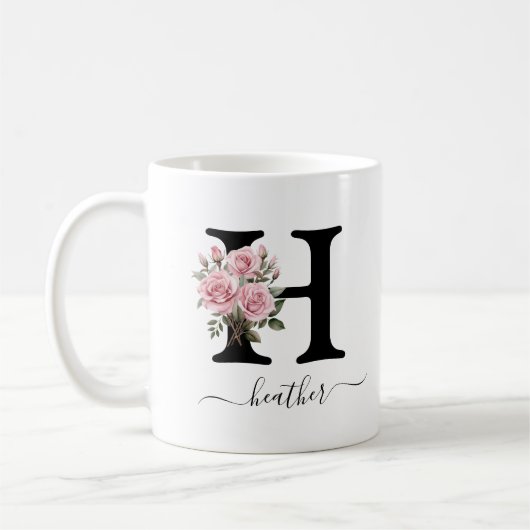 Initiaal H Monogram Bloembloem Roze Rozen Mok (Links)