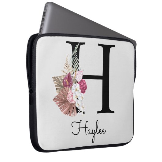 Initiaal H Monogram Roze Boho Floral Laptop Sleeve (Voorkant Rechts)