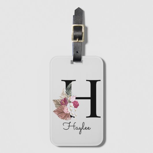 Initiaal H Monogram Roze Boho Girly Floral Bagagelabel (Voorkant (verticaal))