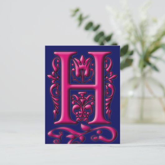 Initiaal H Monogramkaart van de marine van Fuschia Briefkaart (Staand voorkant)