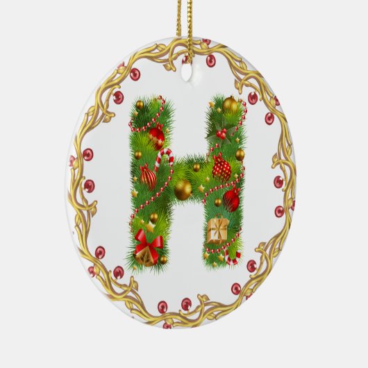 initiaal H monogrammed kerstversiering - cirkel Keramisch Ornament (Rechts)