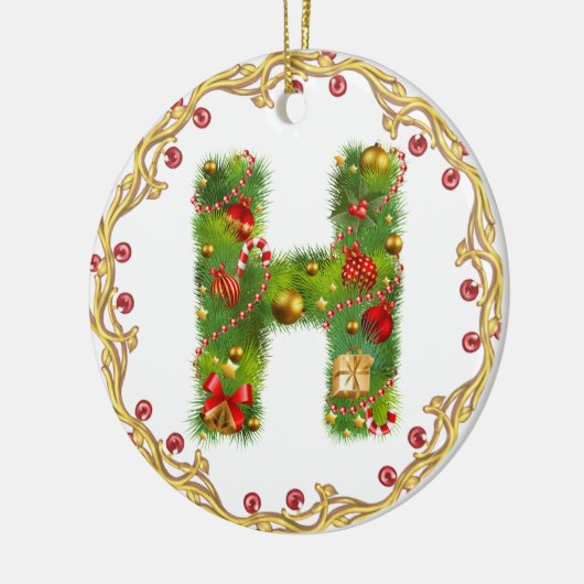 initiaal H monogrammed kerstversiering - cirkel Keramisch Ornament (Links)