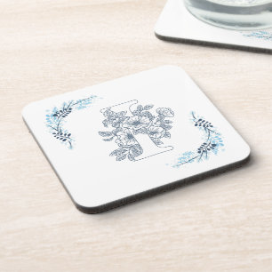 Initiaal "I" Blauw Monogram Kalm Bloemen Bier Onderzetter
