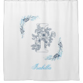 Initiaal "I" Blauw Monogram Kalm Bloemen Douchegordijn (Voorkant)