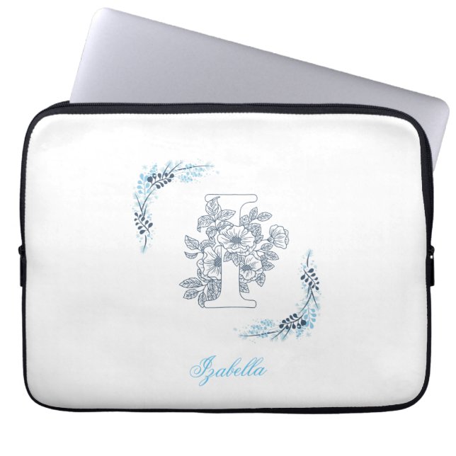 Initiaal "I" Blauw Monogram Kalm Bloemen Laptop Sleeve (Voorkant)