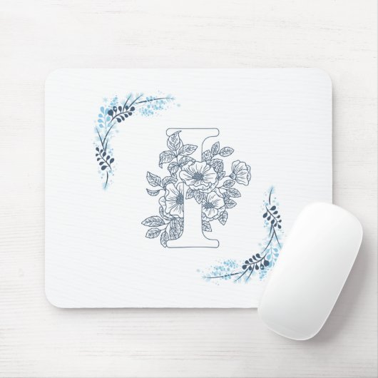 Initiaal "I" Blauw Monogram Kalm Bloemen Muismat (Met muis)