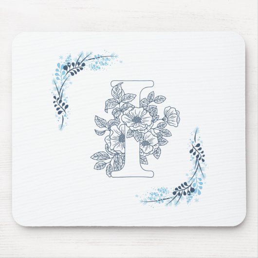 Initiaal "I" Blauw Monogram Kalm Bloemen Muismat (Voorkant)