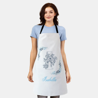 Initiaal "I" Blauw Monogram Kalm Bloemen Schort