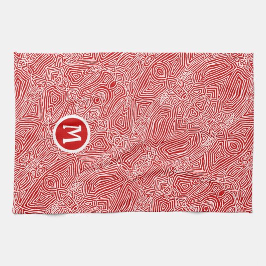 Initiaal in keukenhanddoek met rode kribbelprint (Horizontaal)