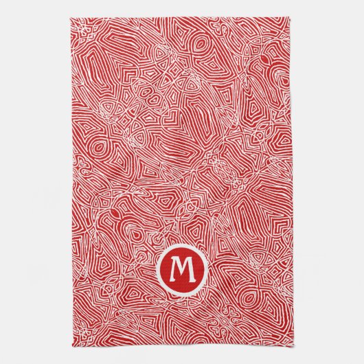 Initiaal in keukenhanddoek met rode kribbelprint (Verticaal)