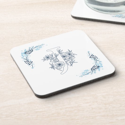 Initiaal "J" Blauw Monogram Kalm Bloemen Bier Onderzetter (Linkerzijde)