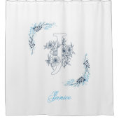 Initiaal "J" Blauw Monogram Kalm Bloemen Douchegordijn (Voorkant)
