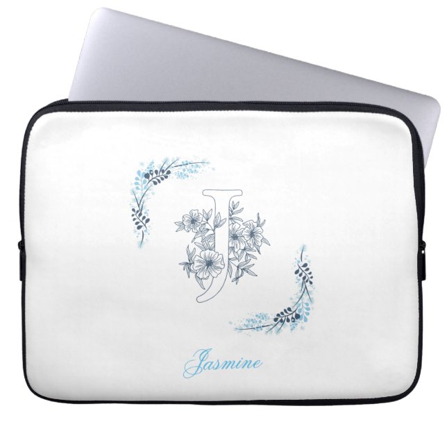 Initiaal "J" Blauw Monogram Kalm Bloemen Laptop Sleeve (Voorkant)