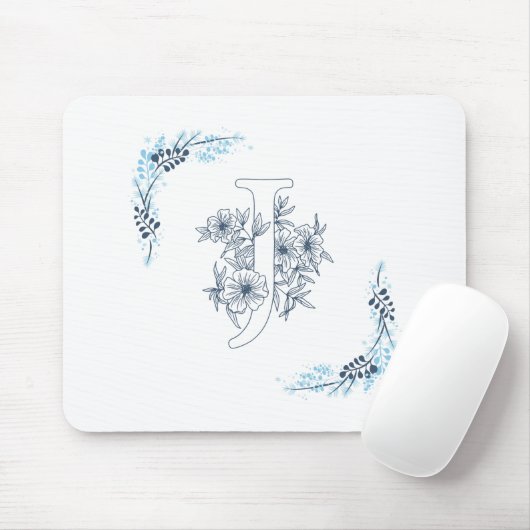 Initiaal "J" Blauw Monogram Kalm Bloemen Muismat (Met muis)