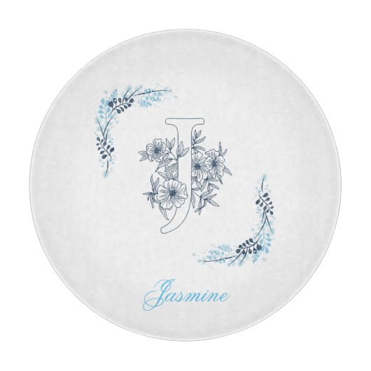 Initiaal "J" Blauw Monogram Kalm Bloemen Snijplank (Voorkant)