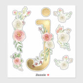 Initiaal J Gold Blush Wit Rose Bloemen Waterverf Sticker (Vel)