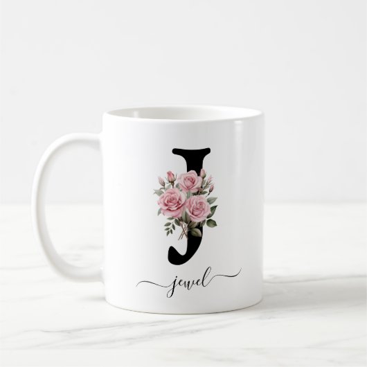 Initiaal J Monogram Bloembloem Roze Rozen Mok (Links)