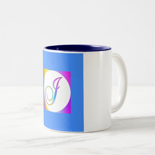 INITIAAL J MONOGRAM OP BLAUW TWEEKLEURIGE KOFFIEMOK (Voorkant rechts)