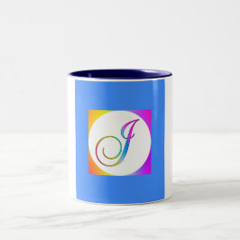 INITIAAL J MONOGRAM OP BLAUW TWEEKLEURIGE KOFFIEMOK