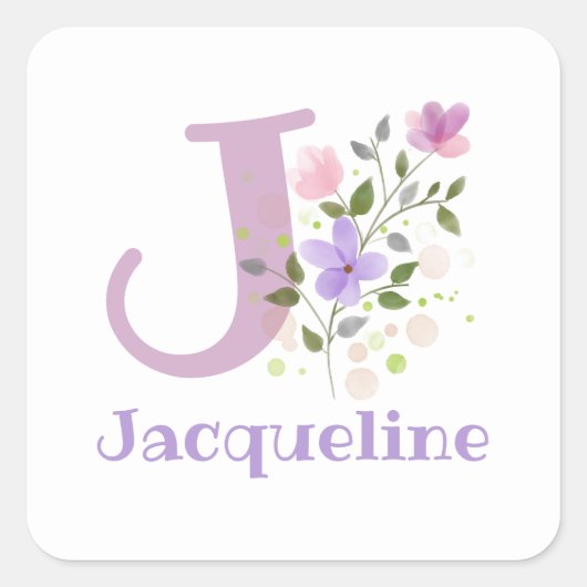 Initiaal J Plus Naam Jacqueline & Flowers Design Vierkante Sticker (Voorkant)