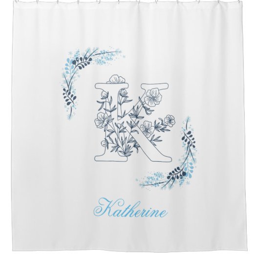 Initiaal "K" Blauw Monogram Kalm Bloemen Douchegordijn (Voorkant)