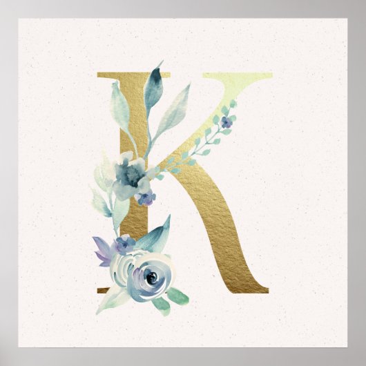 Initiaal K Golden en Blue Floral Monogram Poster (Voorkant)